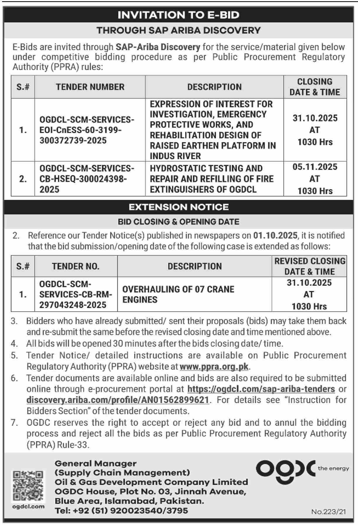 Oil & Gas Development Company Limited Islamabad Tender Notice